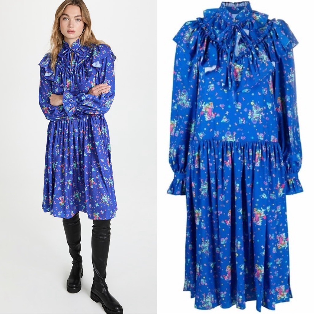 Andersson Bell Flower Bear Print Ruffle Midi Dress Size Small Blue Multi